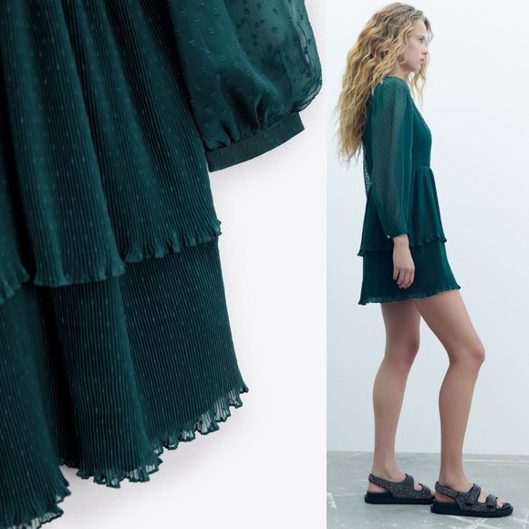 NEW Zara Teal Green Swiss Dot Mesh Surplice V Neck Ruffle Pleated Mini Dress M - Picture 9 of 11